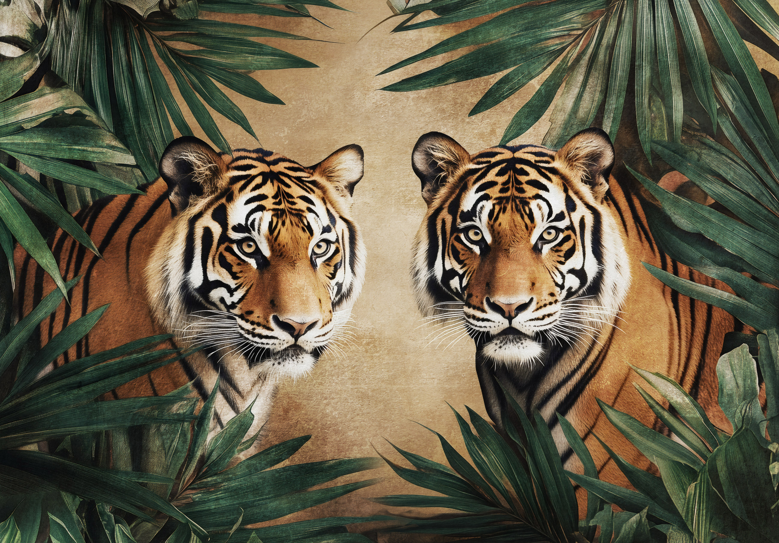 Фототапет Два тигъра сред тропически листа – луксозен акцент